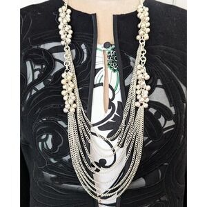 Cluster Beaded Festoon Bib Necklace Multi Strand Chain Silver Tone